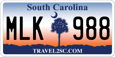 SC license plate MLK988