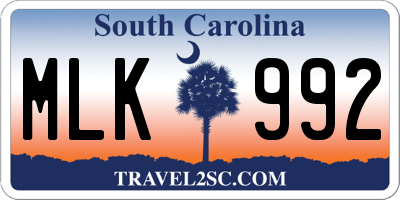 SC license plate MLK992