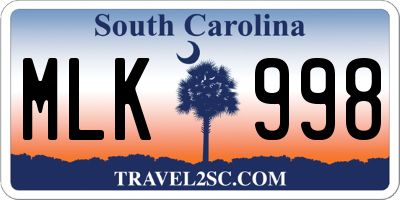 SC license plate MLK998
