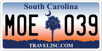 SC license plate MOE039