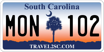 SC license plate MON102