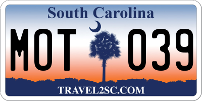 SC license plate MOT039