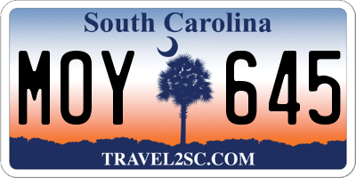 SC license plate MOY645