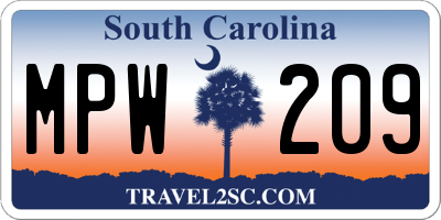 SC license plate MPW209