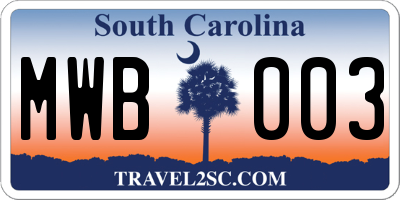SC license plate MWB003
