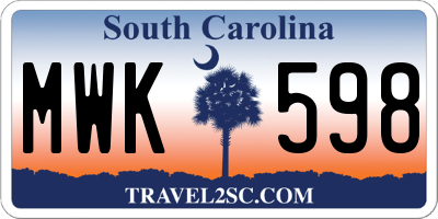 SC license plate MWK598