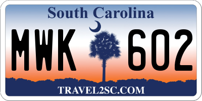 SC license plate MWK602