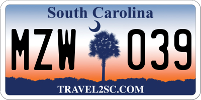 SC license plate MZW039