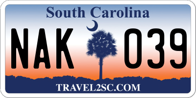 SC license plate NAK039