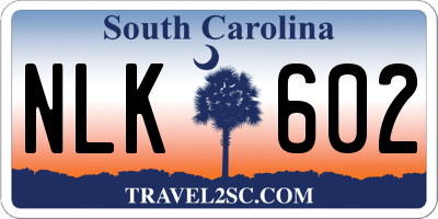 SC license plate NLK602
