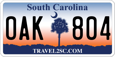 SC license plate OAK804