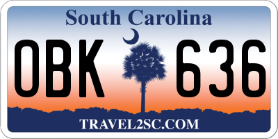SC license plate OBK636