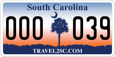 SC license plate OOO039