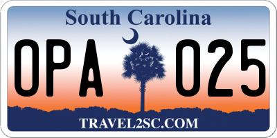 SC license plate OPA025
