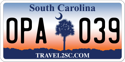 SC license plate OPA039
