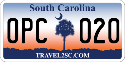SC license plate OPC020