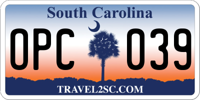 SC license plate OPC039