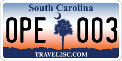 SC license plate OPE003
