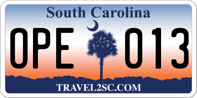SC license plate OPE013