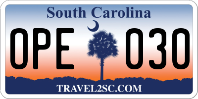 SC license plate OPE030
