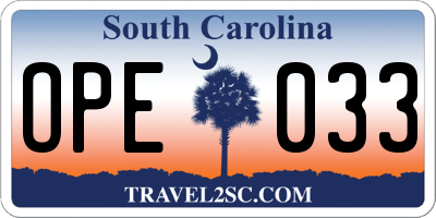SC license plate OPE033
