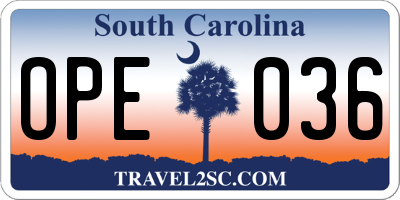 SC license plate OPE036