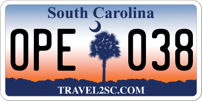 SC license plate OPE038
