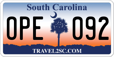 SC license plate OPE092