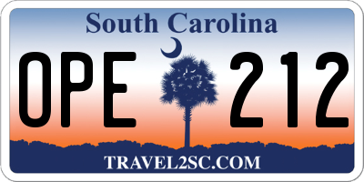 SC license plate OPE212