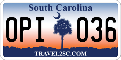 SC license plate OPI036