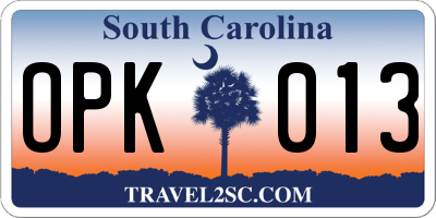 SC license plate OPK013