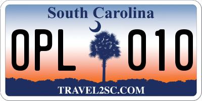 SC license plate OPL010