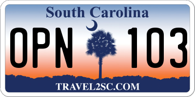 SC license plate OPN103