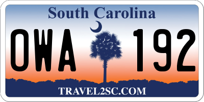 SC license plate OWA192