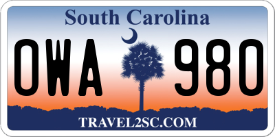 SC license plate OWA980