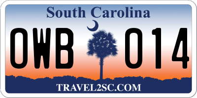 SC license plate OWB014