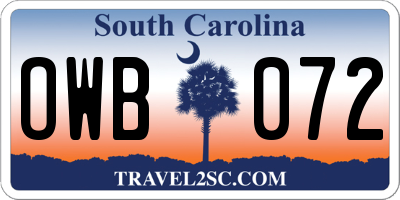 SC license plate OWB072