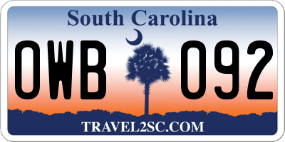 SC license plate OWB092