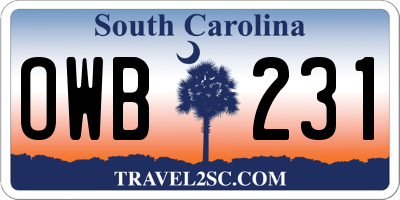 SC license plate OWB231