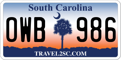 SC license plate OWB986