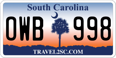 SC license plate OWB998