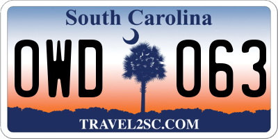 SC license plate OWD063