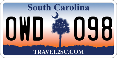 SC license plate OWD098