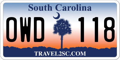 SC license plate OWD118