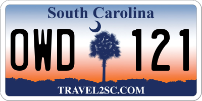 SC license plate OWD121