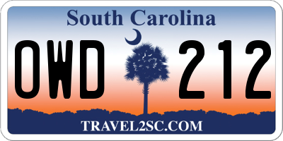 SC license plate OWD212
