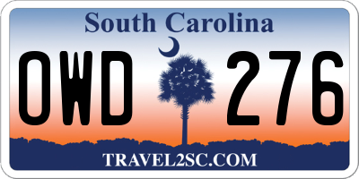 SC license plate OWD276