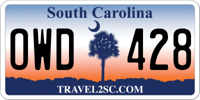 SC license plate OWD428