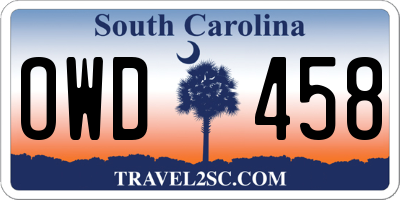 SC license plate OWD458