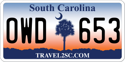 SC license plate OWD653